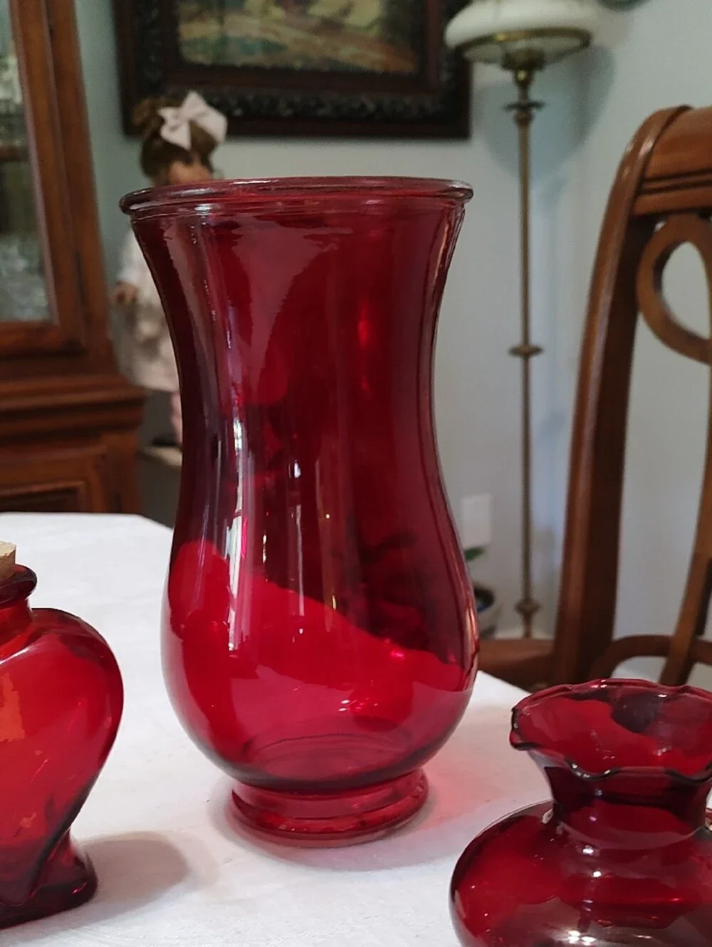 Ruby Red Glass Heart Bottle with Two Matching Accent Vases